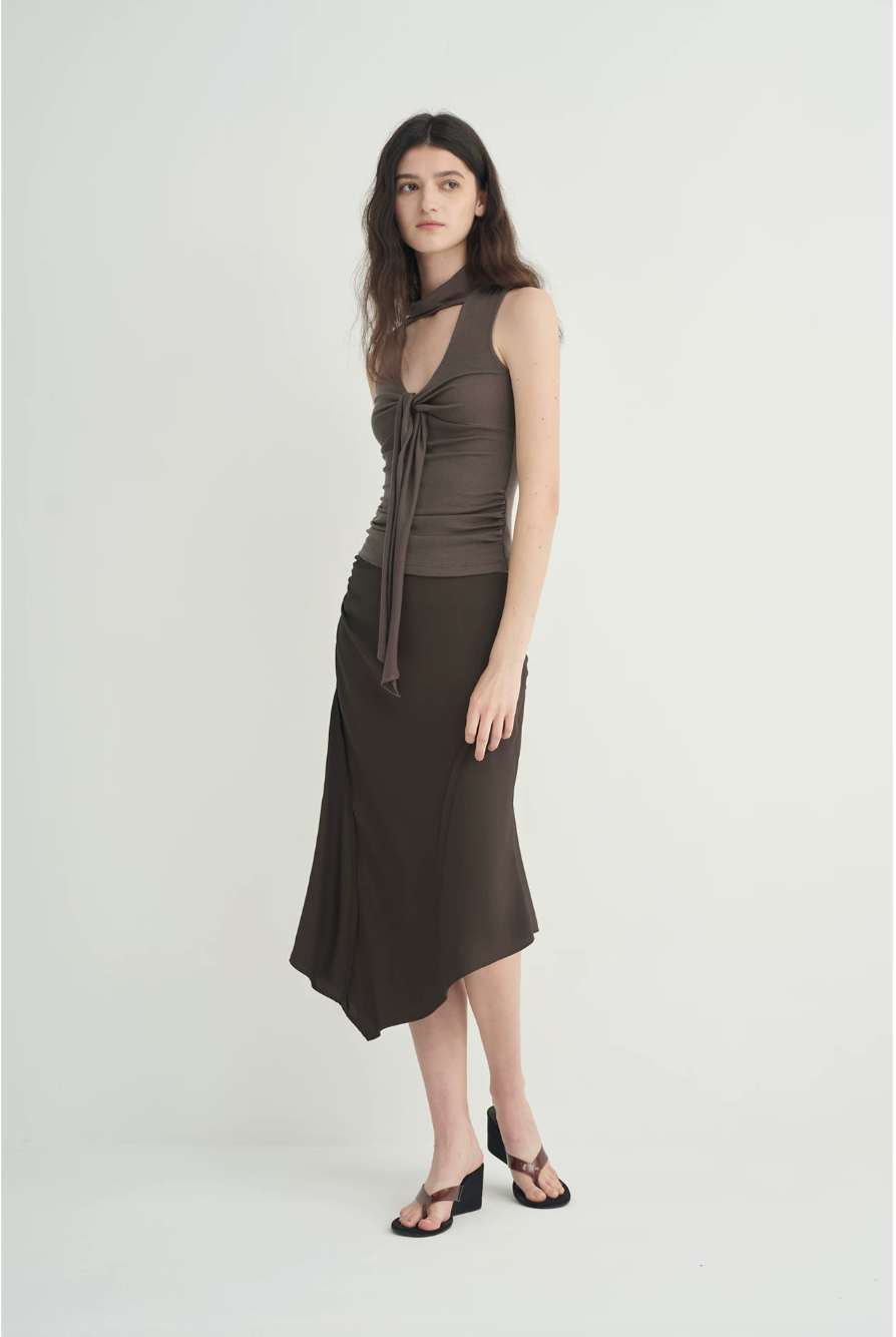 Draped Tie-Neck Lyocell Wool Top
