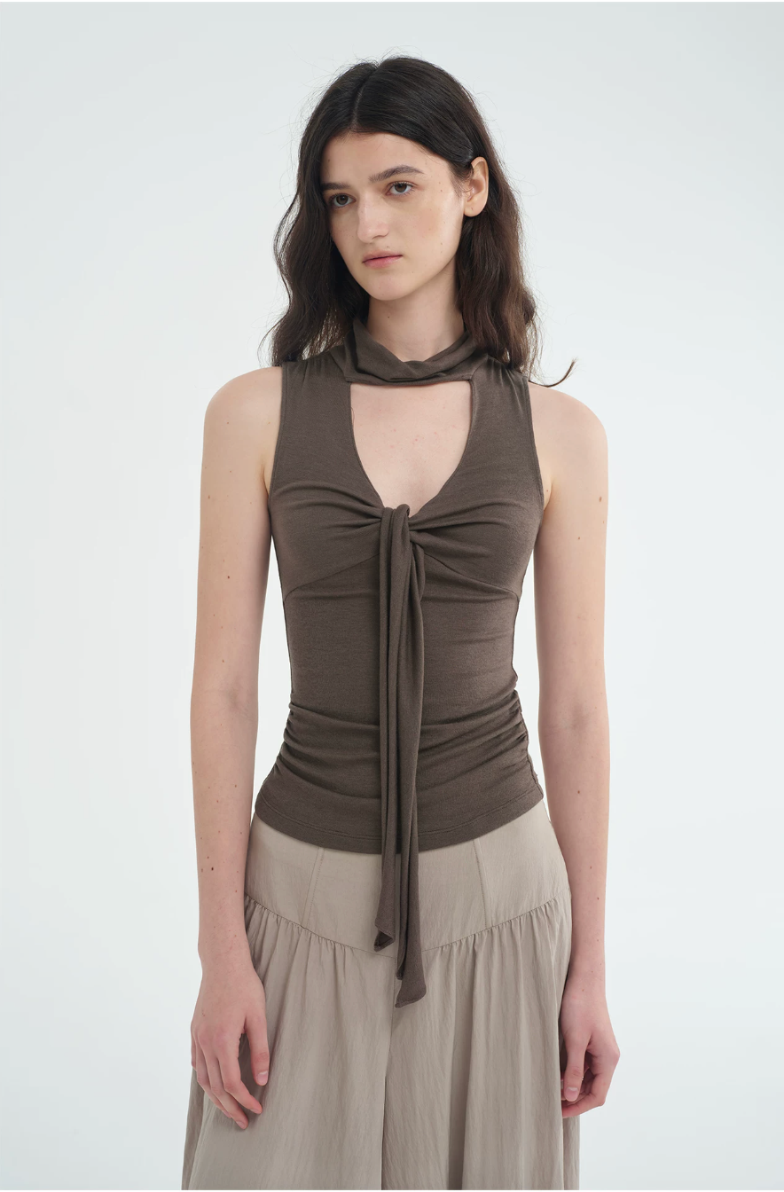Draped Tie-Neck Lyocell Wool Top