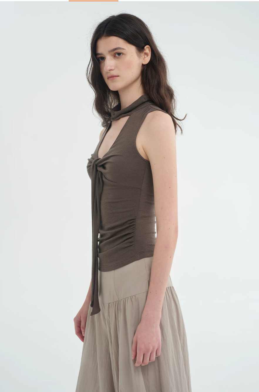 Draped Tie-Neck Lyocell Wool Top
