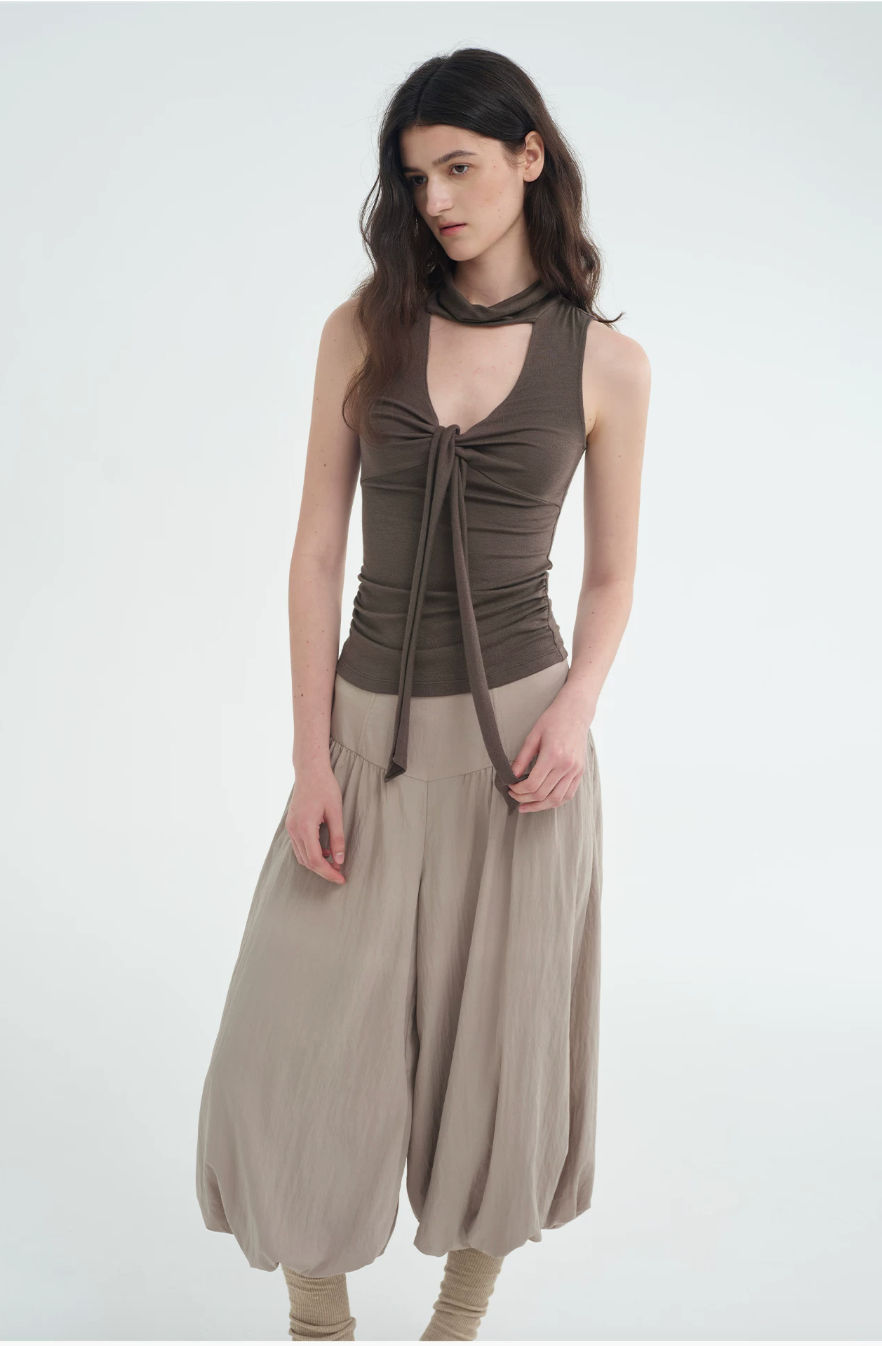 Draped Tie-Neck Lyocell Wool Top