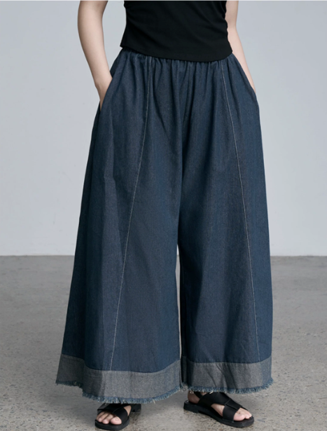 Raw Hem Wide-Leg Denim Culottes