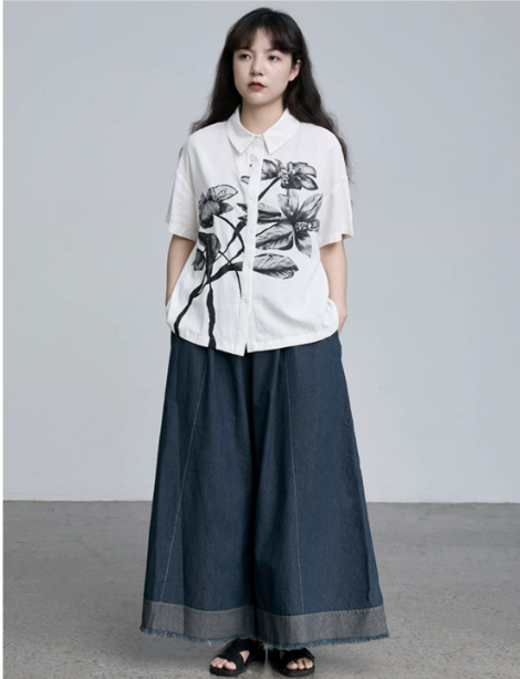 Raw Hem Wide-Leg Denim Culottes