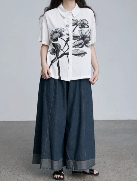 Raw Hem Wide-Leg Denim Culottes