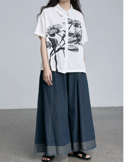 Raw Hem Wide-Leg Denim Culottes