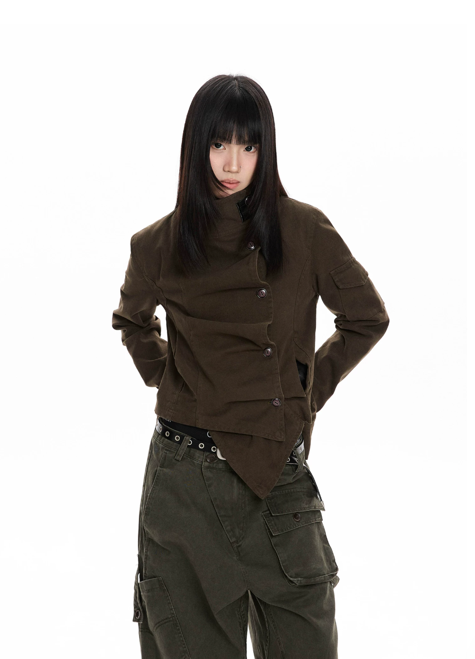 Asymmetric Stand Collar Utility Jacket