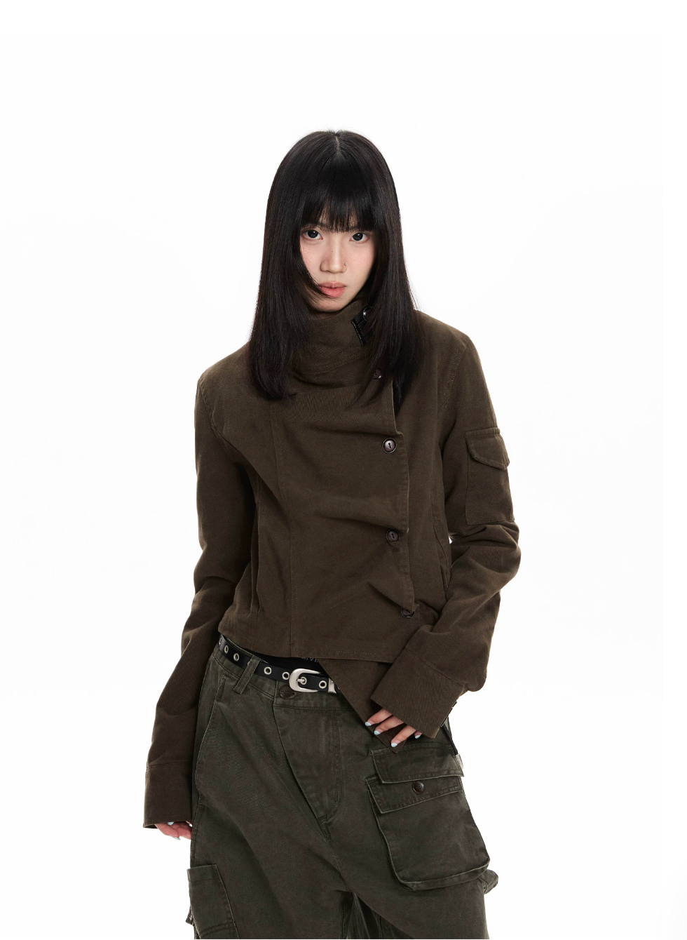 Asymmetric Stand Collar Utility Jacket