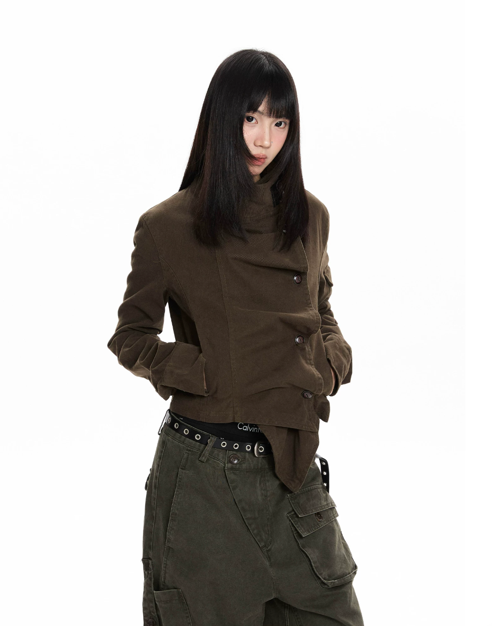 Asymmetric Stand Collar Utility Jacket