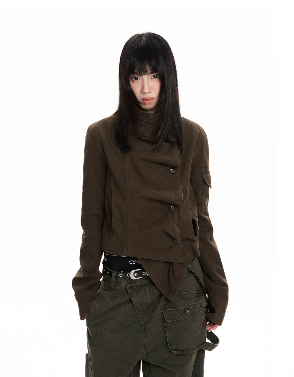 Asymmetric Stand Collar Utility Jacket