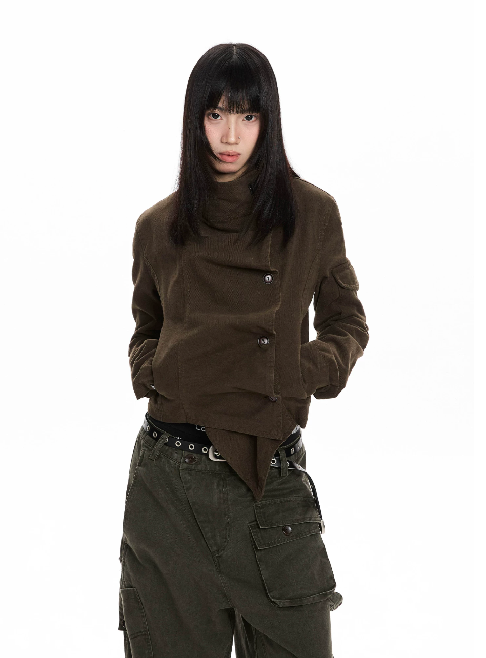 Asymmetric Stand Collar Utility Jacket