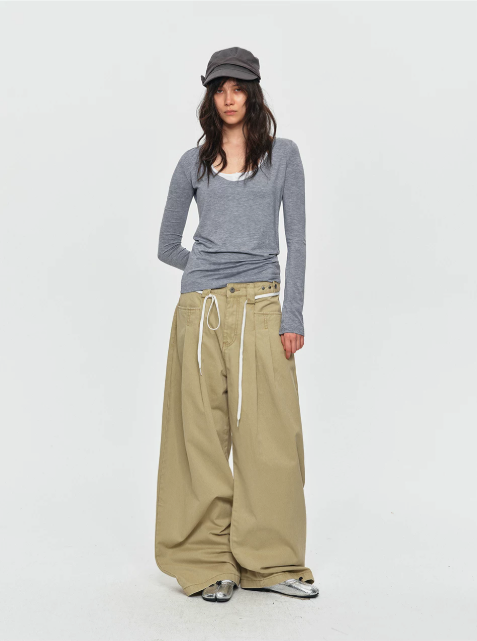 Cotton Pleated Wide-Leg Trousers