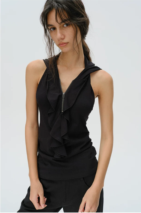 Ruffle Hood Lace Back Top