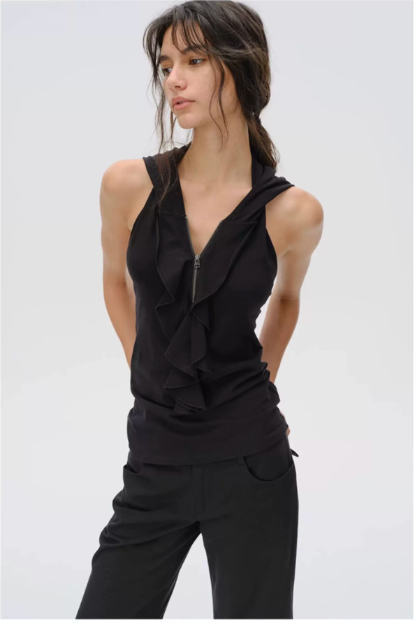 Ruffle Hood Lace Back Top